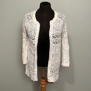 VanHeusen Women's Ivory Crochet Open Stitch Button Front Cardigan Sweater